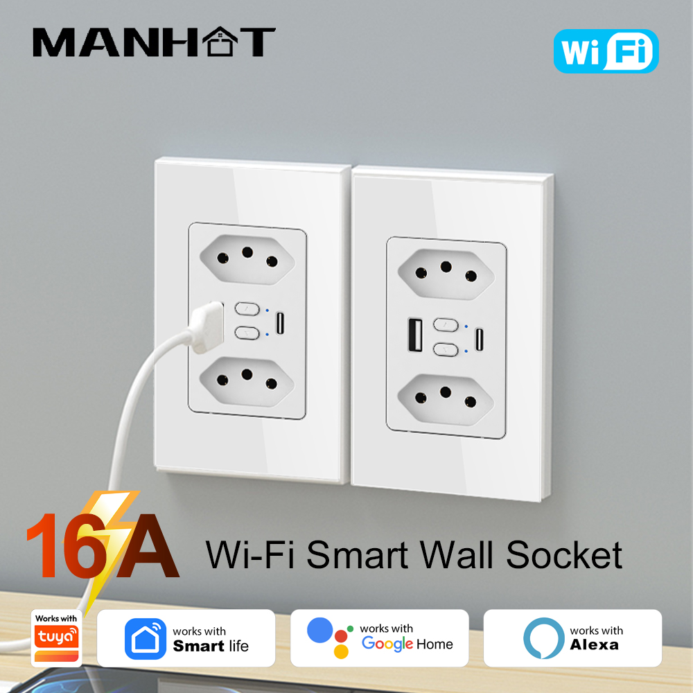 Tuya Wifi Socket - MANHOT WLAN-Smart-Steckdose für Brasilien mit USB-Typ-C-Anschluss,